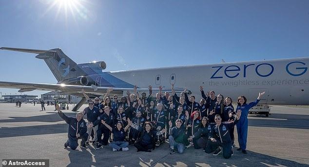 The disabled astronauts in front of a zero g plane